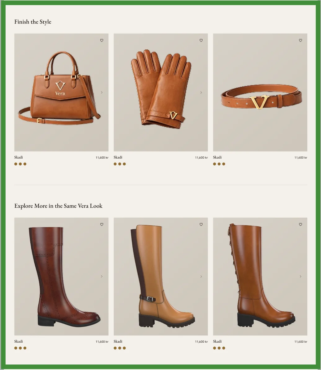 Finish the Style shows a matching brown bag, gloves, and belt, followed by boots in the same Vera look.